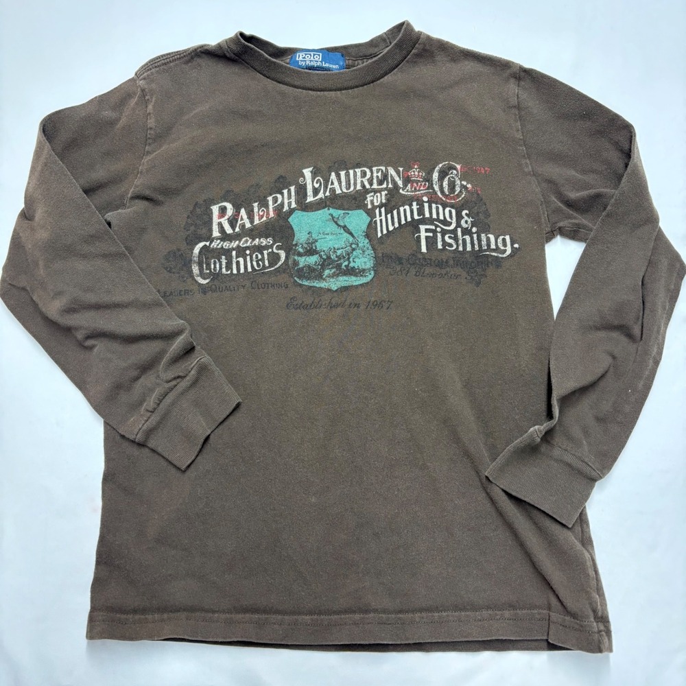 Polo Ralph Lauren Boys 7 Brown Hunting Fishing Long Sleeve Graphic Tee Shirt